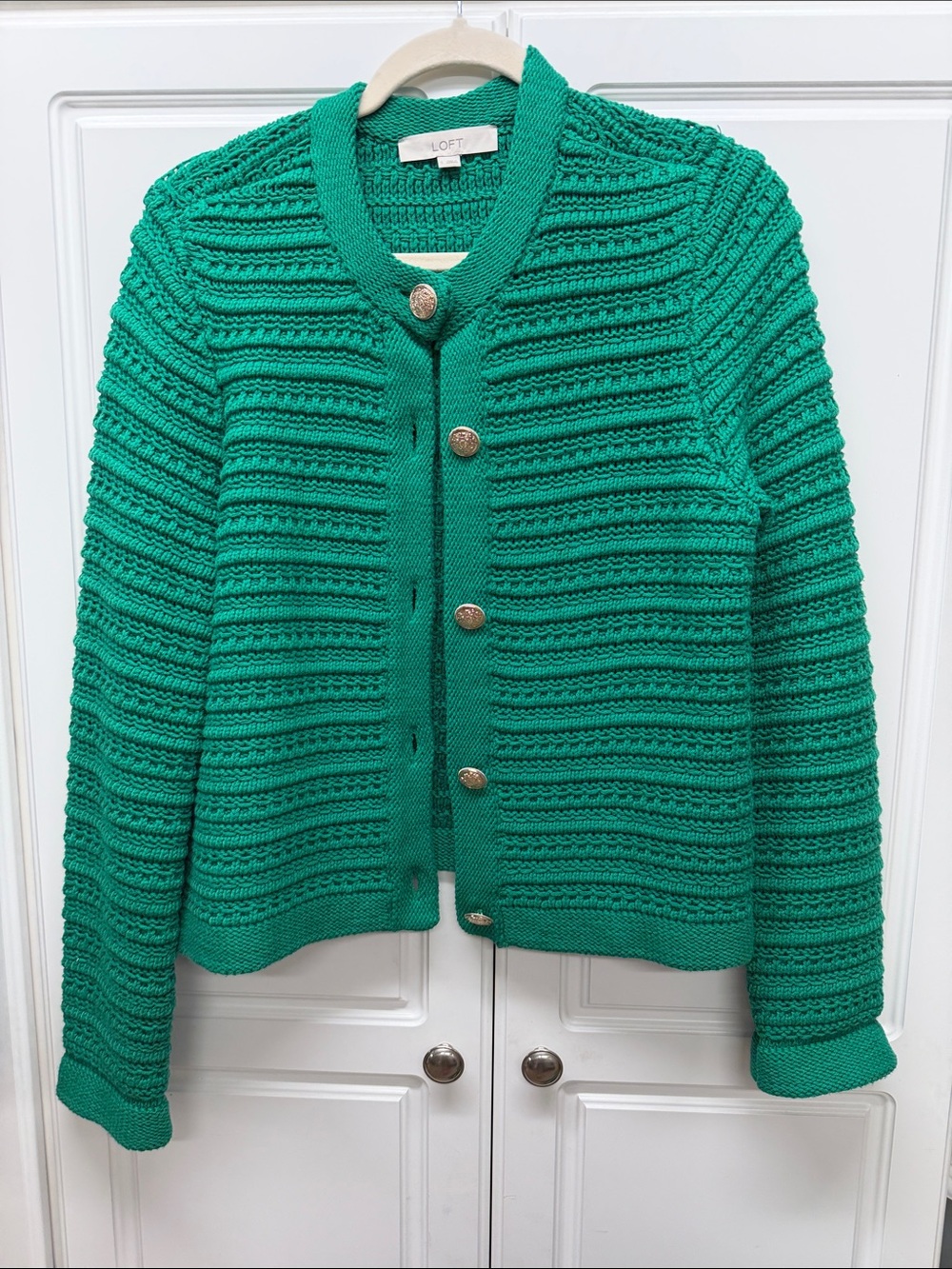 LOFT Emerald Textured Button Cardigan in Vibrant Green